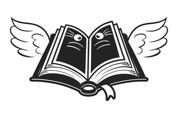 Open Flying Book Vector, Winged Book Icon, Educational Logo, Black and White Art