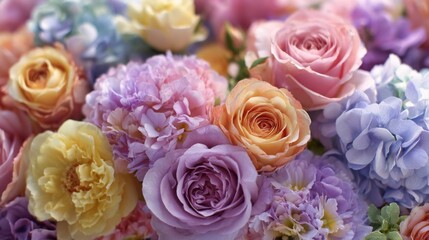 Obraz premium Pastel Roses, Hydrangeas and Carnations Floral Arrangement