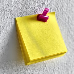 Bright Yellow Sticky Note Stack Secured with Pink Clip on Clean White Textured Wall Background