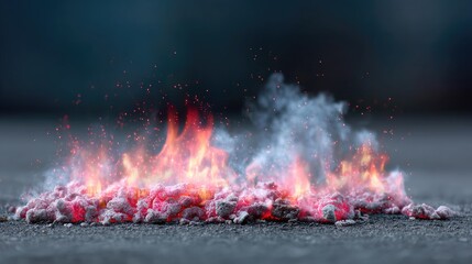 Burning Embers and Flames on Ground with Smoke and Glowing Particles on Dark Background