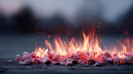 Burning Embers and Rising Sparks on Gray Ground at Twilight