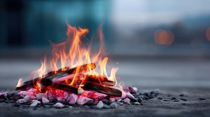 Burning Flames and Embers on Concrete Surface with Blurred Urban Background at Dusk