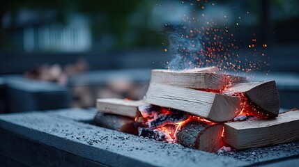 Burning Firewood Pile Emitting Orange Flames and Flying Embers in an Outdoor Setting with Soft Background Illumination