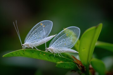 Two delicate, ethereal insects with translucent wings and yellow spots perch on a vibrant green leaf against a blurred, dark green backdrop
