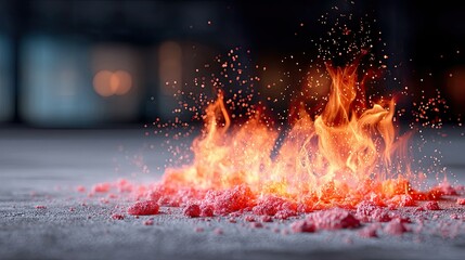 Burning Embers with Bright Orange Flames and Sparks on Concrete Ground with Dark Background
