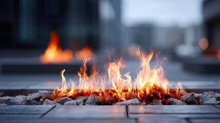 Burning Flames and Fiery Embers Against Blurred Urban Background