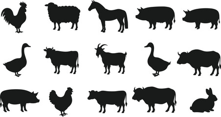 Farm animals silhouette set, cow goat sheep pig horse chicken goose duck rabbit, black vector illustration, livestock collection isolated
