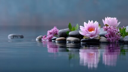 Calm Water Surface Reflecting Lotus Blossoms on Stones Serene Purple Hues and Soft Reflections for Peaceful Backdrop and Floral Still Life