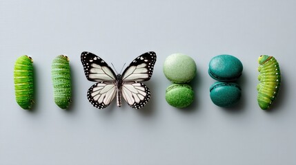 Caterpillars to Butterfly Metamorphosis with Colorful Macarons on Gray Background Flat Lay Arrangement Overhead Still Life Photography