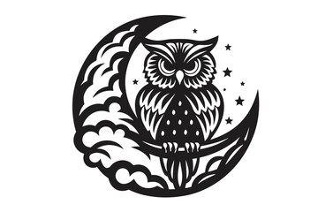 Owl on Crescent Moon Silhouette with Stars on White Background