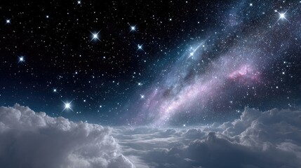 Celestial Galaxy With Glowing Stars in Deep Dark Space and White Clouds Below Abstract Dreamy Night Sky Background Beautiful Nebulae Cosmic Cloud