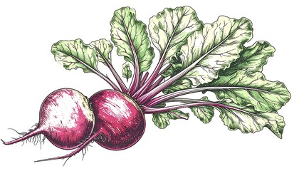 Hand-drawn illustration of two beetroots with leaves