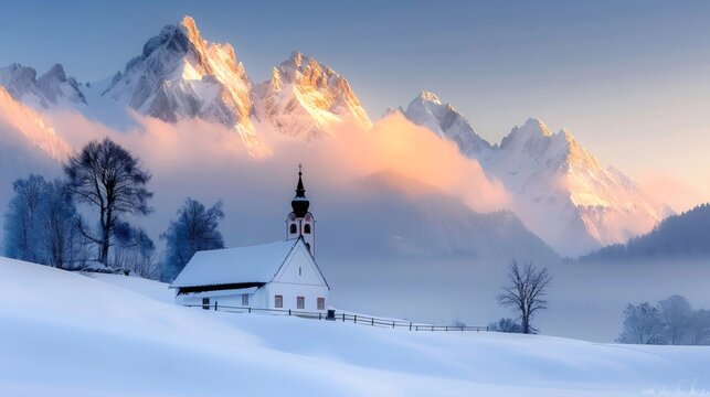 Winter wonderland scenery with snow covered church and mountains at sunrise in the Alps - Powered by Adobe