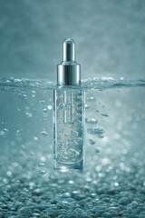 A clear, glass dropper bottle partially submerged in water with rising bubbles, set against a blurred, cool-toned background, evoking freshness