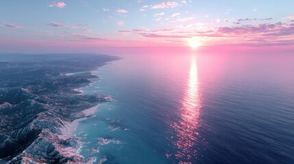 Cinematic Aerial View of Island Coastline at Sunset with Pink and Blue Hues Calm Ocean and Shimmering Sunrays Reflection and Cloudscape