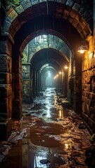 Naklejka premium Mysterious Underground Corridor with Arched Stone Architecture
