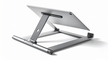 Modern adjustable aluminum stand holding a silver tablet on a white background.