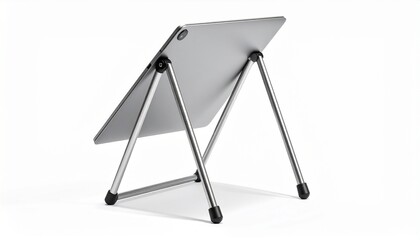 Sleek silver tablet device supported by a portable four legged stand.