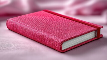 Cinematic Macro Shot of a Textured Red Notebook with Metallic Sheen Against a Soft Pink Fabric Background in High Dynamic Range