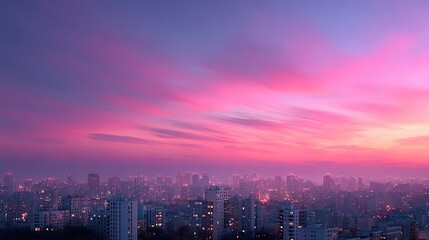Fototapeta premium City Skyline at Sunset with Pink and Purple Sky Above Illuminated Buildings in Urban Landscape Under Dramatic Colorful Clouds, Evening Light