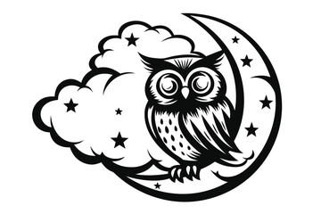 Naklejka premium Owl Sitting on Crescent Moon with Clouds and Stars