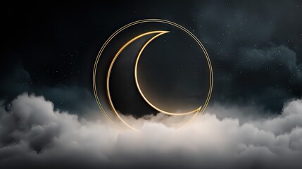 A captivating celestial scene featuring a golden crescent moon encircled by a delicate ring above soft clouds against a dark starry backdrop, Ideal for projects related to night, dreams, or mysticism