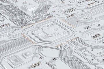 Intricate, gleaming white circuit board with interconnected pathways in perspective view. Abstract, modern, detailed, symmetrical, technological