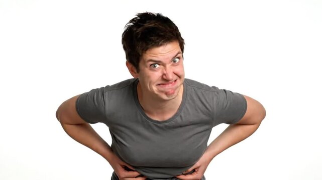 Funny goofy portrait of person clutching stomach with comic awkward face
