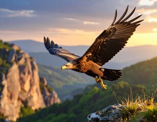 Majestic Eagle in Flight Over Scenic Mountain Landscape at Sunset