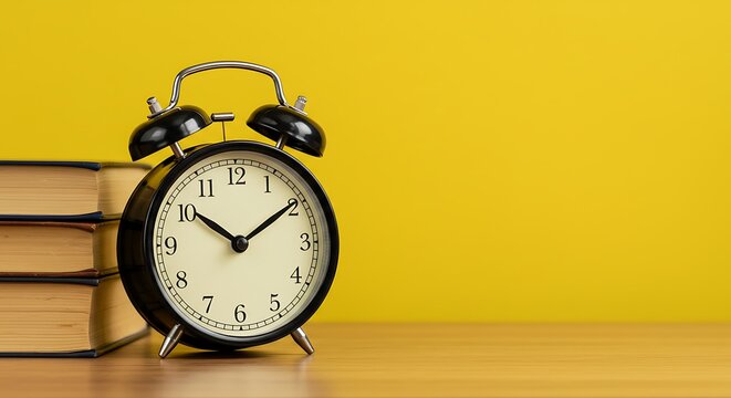 Vintage Alarm Clock and Stack of Books on Wooden Surface Against Yellow Background