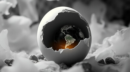  cracked egg revealing a globe, dark tones Earth toy of glass and broken egg black background,
