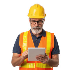 Experienced bearded man wearing yellow hard hat and orange safety vest engaged with digital tablet isolated on transparent background