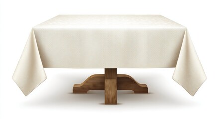 Simple square table with a cream-colored tablecloth draped over it, featuring soft lighting and shadows. Isolated on a white background