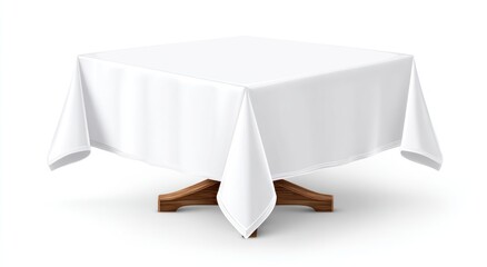 A square wooden table draped with a crisp white tablecloth, casting a soft shadow. Simple, elegant composition conveying cleanliness and formality