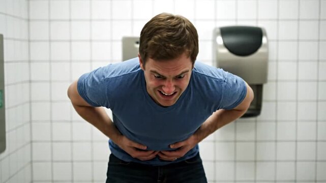 Goofy man with wide eyes holding belly looking like he needs toilet
