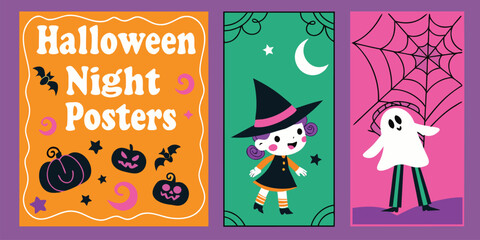 Fototapeta premium Halloween night colorful poster set featuring pumpkins, ghosts, witches, bats, and full moon. Vibrant vector illustrations for social media, event promotion, party invitations, and seasonal design.