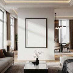 Modern Living Room Poster Frame Mockup with Natural Light and Minimalist Decoration. 3D render.