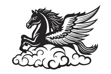 Pegasus Illustration, Winged Horse Silhouette on Clouds, White Background