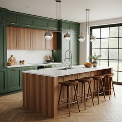 Stylish kitchen design featuring green and wood cabinets, large island with white countertop, wooden bar stools- 3D rendering