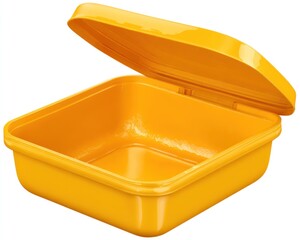 Open, square, sunny-yellow plastic container. Lid is ajar, revealing empty interior, all against a bright white background. Close up studio shot