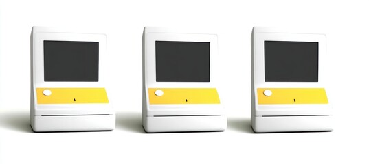 Three stylized computer terminals stand side-by-side, featuring white casings, black screens, and yellow accent panels on a seamless white background