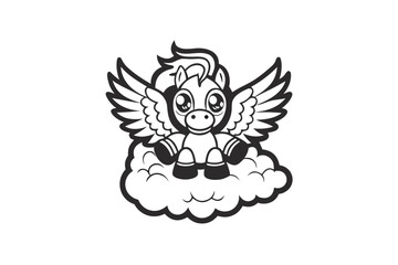 Pegasus Pony on Cloud, Cute Winged Horse, Cartoon, Mascot, Adorable,