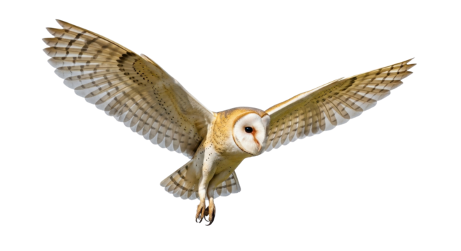Barn owl flying with outstretched wings isolated PNG with Transparent Background - Powered by Adobe