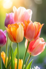 Naklejka premium Colorful tulips blooming in spring garden under warm sunlight