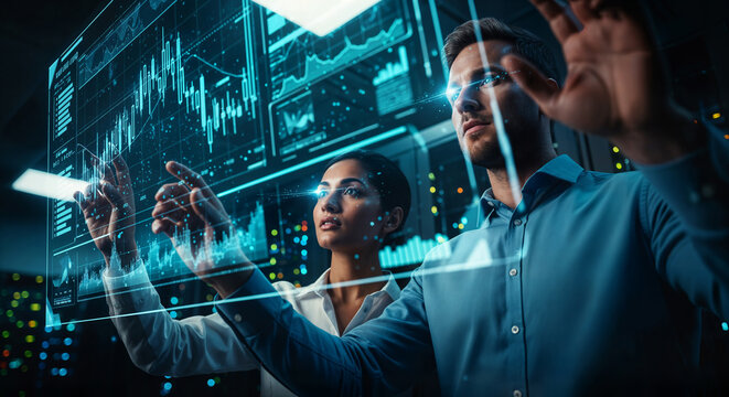 Two people, a man and a woman, interact with a futuristic holographic display showing financial data and charts in a dark server room