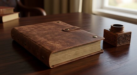 Vintage Leather Journal and Ornate Wooden Inkwell on Polished Desk