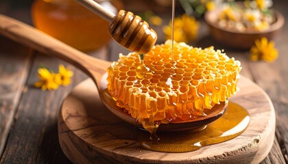 Golden Honey Dripping from a Dipper onto a Natural Honeycomb.
