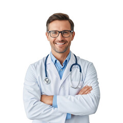 Fototapeta premium A smiling male medical professional wearing a white lab coat and stethoscope with glasses arms crossed isolated on transparent background