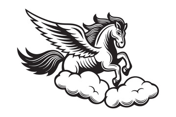 Pegasus Winged Horse Leaping on Clouds Icon in Black and White on White