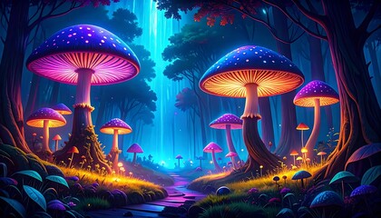 Enchanted forest with glowing mushrooms